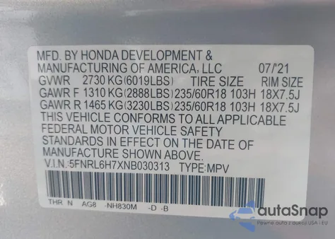 2022 Honda Odyssey Ex-L z USA, uszkodzony, nr VIN 5FNRL6H7XNB030313